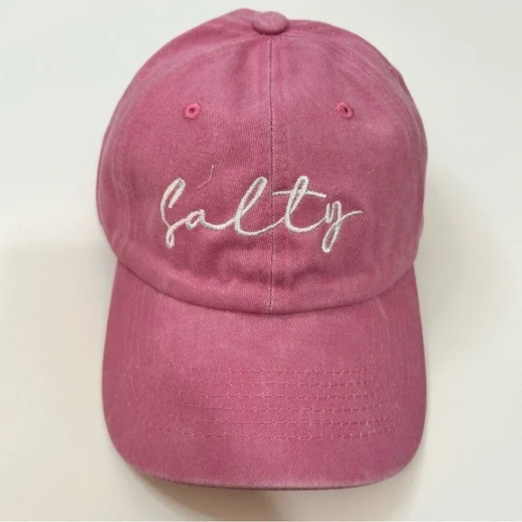 Salty Embroidered Vintage Washed Cotton Baseball Cap Hat Pink White NEW Girly - Picture 2 of 5